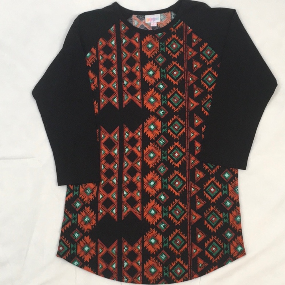 LulaRoe Black Aztec 3/4 Sleeve Round Neck Top Small